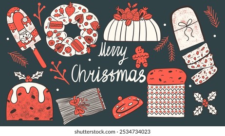 Christmas  sweet popular dessert vector set. Trendy traditional festive food. 