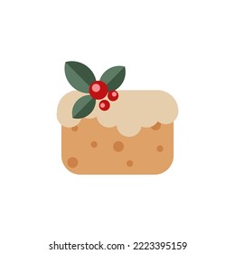 Christmas sweet pudding with berry and leaf decoration. Winter holiday dessert icon. Color flat vector illustration isolated on white background