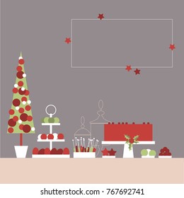 Christmas sweet table with cake and sweets. Candy Buffet. Vector illustration.