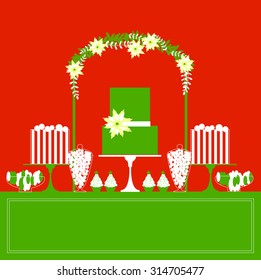 Christmas sweet table with  poinsettia arch.  Vector illustration