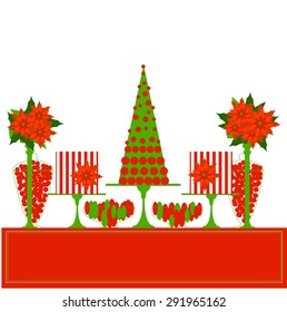 Christmas sweet table with Poinsettias.Vector illustration