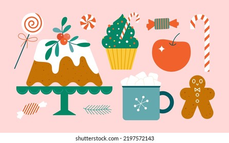 Christmas sweet treats with cute decorations. Traditional family xmas cakes, candies, drinks for cozy celebration. Flat illustration for winter holidays graphic design.