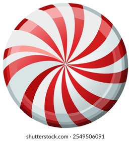 Christmas sweetness. Traditional Christmas candies with red and white stripes. Round lollipop with a striped pattern and fir branches. Vector illustration isolated on white background
