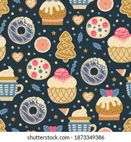 Christmas sweets bakery seamless pattern with gingerbread cookies. Autumn and winter holidays. Wallpaper, print, packaging, paper, textile design. One of 20