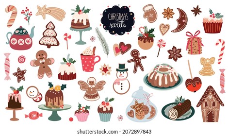 Christmas sweets big collection, with seasonal winter desserts, muffins, cookies, gingerbread, rolls, vector design decorative elements isolated on white, seasonal design