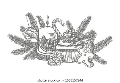 Christmas sweets, branches of Christmas trees and Candles. Hand drawn illustration. New year and Christmas design elements. Greeting card invitation with xmas graphic. Vintage illustration.