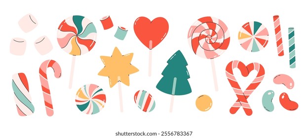 Christmas sweets and candies collection. Lollipops, marshmallows, candy canes, jelly beans. Vector illustration in flat style