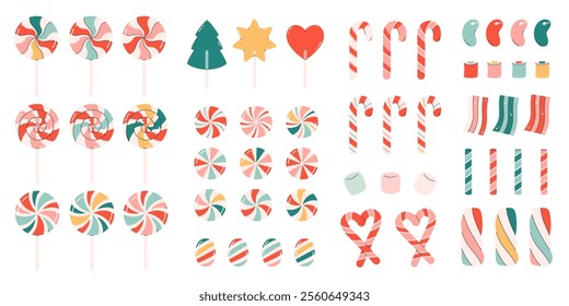 Christmas sweets and candies collection. Lollipops, marshmallows, candy canes, jelly beans. Vector illustration in flat style