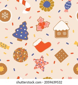 Christmas sweets, candies and gingerbread cookies. Vector seamless pattern. Hand drawn illustration in cartoon flat style.