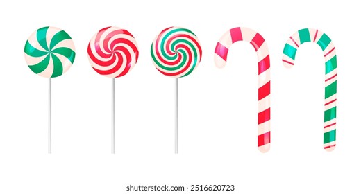 Christmas sweets, candy cane and lollipops vector set. Isolated illustrations of traditional striped candies, winter holiday sweet treat.  