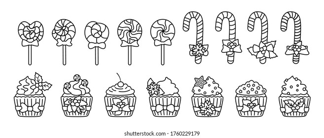 Christmas sweets, candy, cupcake line set. Tasty holiday black linear flat cartoon sweets. Lollipop cane caramel, sugar cake. New year and christmas food, decorated holly. Isolated vector illustration