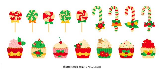 Christmas sweets, candy and cupcake set. Tasty holiday colorful flat cartoon sweets. Lollipop cane caramel, sugar cake cream. New year and christmas food, decorated holly. Isolated vector illustration