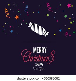 Christmas Sweets Candy decorative template Design, Christmas New Year Flat card illustration. Flowing confetti and streamers backgound