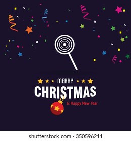Christmas Sweets Candy decorative template Design, Christmas New Year Flat card illustration. Flowing confetti and streamers backgound