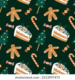 Christmas sweets and candy seamless pattern. Xmas sweet food. Cupcakes, gingerbread man, lollipop and candy cane. Decor textile, wrapping, wallpaper. Print for fabric Cartoon flat vector background