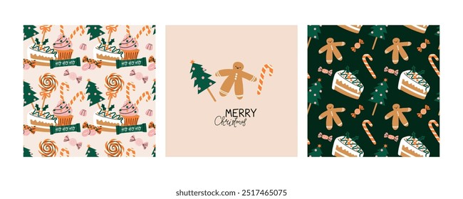 Doces e doces de Natal sem costura padrão. Xmas comida doce. Cupcakes, gengibre, pirulito e cana-de-açúcar. Decoração têxtil, revestimento, papel de parede. Imprimir para tela Cartoon plano de fundo vetor
