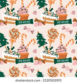 Christmas sweets and candy seamless pattern. Xmas sweet food. Cupcakes, gingerbread man, lollipop and candy cane. Decor textile, wrapping, wallpaper. Print for fabric Cartoon flat vector background