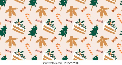 Doces e doces de Natal sem costura padrão. Xmas comida doce. Cupcakes, gengibre, pirulito e cana-de-açúcar. Decoração têxtil, revestimento, papel de parede. Imprimir para tela Cartoon plano de fundo vetor