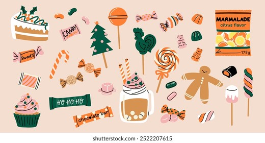 Doces e doces de Natal. Xmas comida doce. Cupcakes festivos, homem de gengibre, delicioso pirulito e cana de doces. Confeitaria loja elementos decorativos. Ilustração de vetor isolado plano de desenhos animados