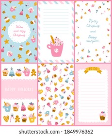 Christmas sweets cards Set. Vector hand-drawn illustration of cupcakes, gingerbread cookies of different shapes and shapes, decorated for the holidays. Cute Pastel Palette.