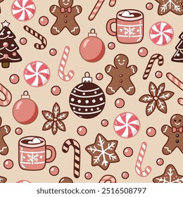 Christmas sweets Cocoa Candy Lollipop Gingerbread man vector seamless pattern. Vintage Xmas sweetmeat background for holiday festive season wrapping paper.