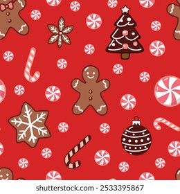 Christmas sweets Cocoa Candy Lollipop Gingerbread man vector seamless pattern. Vintage Xmas sweetmeat background for holiday festive season wrapping paper.