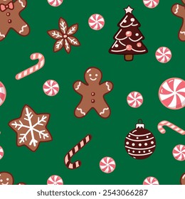 Christmas sweets Cocoa Candy Lollipop Gingerbread man vector seamless pattern. Vintage Xmas sweetmeat background for holiday festive season wrapping paper.