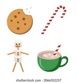 Christmas Sweets Collection. Cookie, Cacao, Marshmallow Snowman and cristmas candy. Winter Goodies Set for Greeting and Invitation Design and decoration. Premium Vector