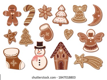 Christmas sweets collection with decorative gingerbread isolated on white, hand drawn design, vector