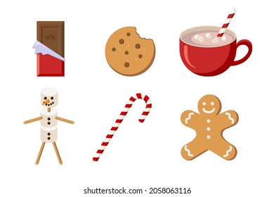 Christmas Sweets Collection. Flat Style. Chocolate, Coockie, Cacao, Marshmallow Snowman, Gingerbread man and Candy. Winter Holiday Set for Greeting and Invitation Design and decoration. Premium Vector