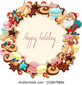 Christmas sweets, cookies, sweets, saffron, marshmallows, Santa Claus, colorful images of cookies and cakes arranged in a circle, text happy holidays