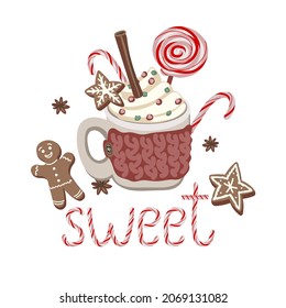 Christmas sweets. Cup with cocoa, cookies and lettering. Cartoon vector sweets isolated on white background. Vector illustration