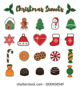 Christmas sweets. Cute set of 20 vector doodle style elements. Isolated on a white background.