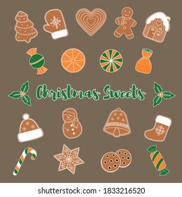 Christmas sweets. Cute set of 20 vector doodle style elements. Isolated on a beige background.