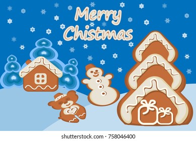 Christmas sweets, decoration of gingerbread. Snowflakes in the sky. A pagan house, a Christmas tree, a snowman and a bear. A vector illustration.