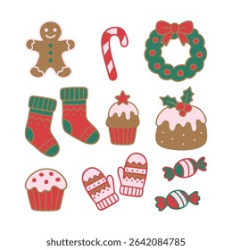 Christmas sweets and decorations collection, gingerbread man, candy cane, wreath, cupcakes, pudding, socks, mittens, candies, flat vector illustration, holiday design, red, green, brown colors. Vector