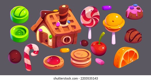 christmas sweets, desserts and bakery set. Gingerbread house, cookies, candy canes, lollipop, cherry, orange slice, Decorated sweet pastry isolated game ui elements, Cartoon Vector illustration,