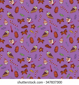 Christmas sweets doodle seamless pattern. Hand drawn vector illustration