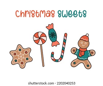Christmas sweets doodle set. Vector collection of homemade traditional desserts. Decorated gingerbread, ginger man, lollipop and candies. Funny hand drawn outline Christmas sweets and cookies. 