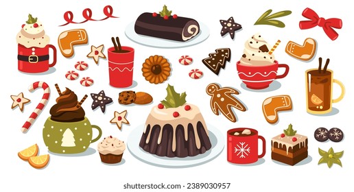 Christmas sweets and drinks. Cartoon winter holiday traditional food, cup of hot chocolate with marshmallows, poinsettia plant and holly berries. Vector set. Desserts with hot cocoa and tea