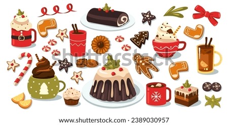Christmas sweets and drinks. Cartoon winter holiday traditional food, cup of hot chocolate with marshmallows, poinsettia plant and holly berries. Vector set. Desserts with hot cocoa and tea