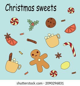 christmas sweets, elements of sweets, gingerbread, coffee, orange, cinnamon