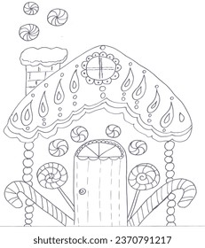 Christmas sweets fairytale gingerbread house. Festive baked goods decorated with sweets, candies, caramel, fudge and chocolate. Antistress zentangle coloring page