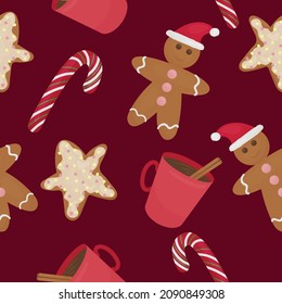 christmas sweets, gingerbread, cocoa, sugar cane, vector seamless pattern in flat style on burgundy background, new year and christmas