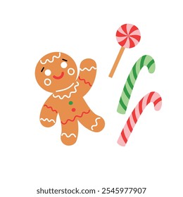 Christmas sweets and gingerbread man isolated vector. Colorful illustration in flat vector