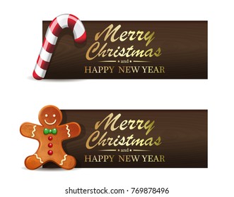 Christmas sweets. Gingerbread Man and Xmas candy cane. Merry Christmas and Happy New Year. Vector illustration