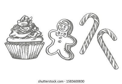 Christmas sweets. Hand drawn illustration. New year and Christmas design elements. Greeting card invitation with xmas graphic. Vintage illustration.