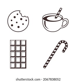 Christmas Sweets Icons Set. Chocolate Bar, Cookie, Xmas Candy and Cacao Cup. Collection of Winter Goodies for logo, label; sticker, print, recipe, menu decor and decoration. Premium Vector