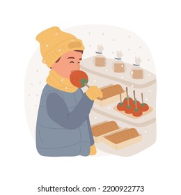 Christmas sweets isolated cartoon vector illustration. Happy boy eating delicious sweets on Christmas time near market, traditional xmas holiday food, winter snow, candy apple vector cartoon.