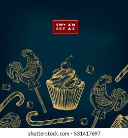 Christmas sweets and New Year gift card, hand drawing sketch illustration. Vector Collection of sketch decoration object 